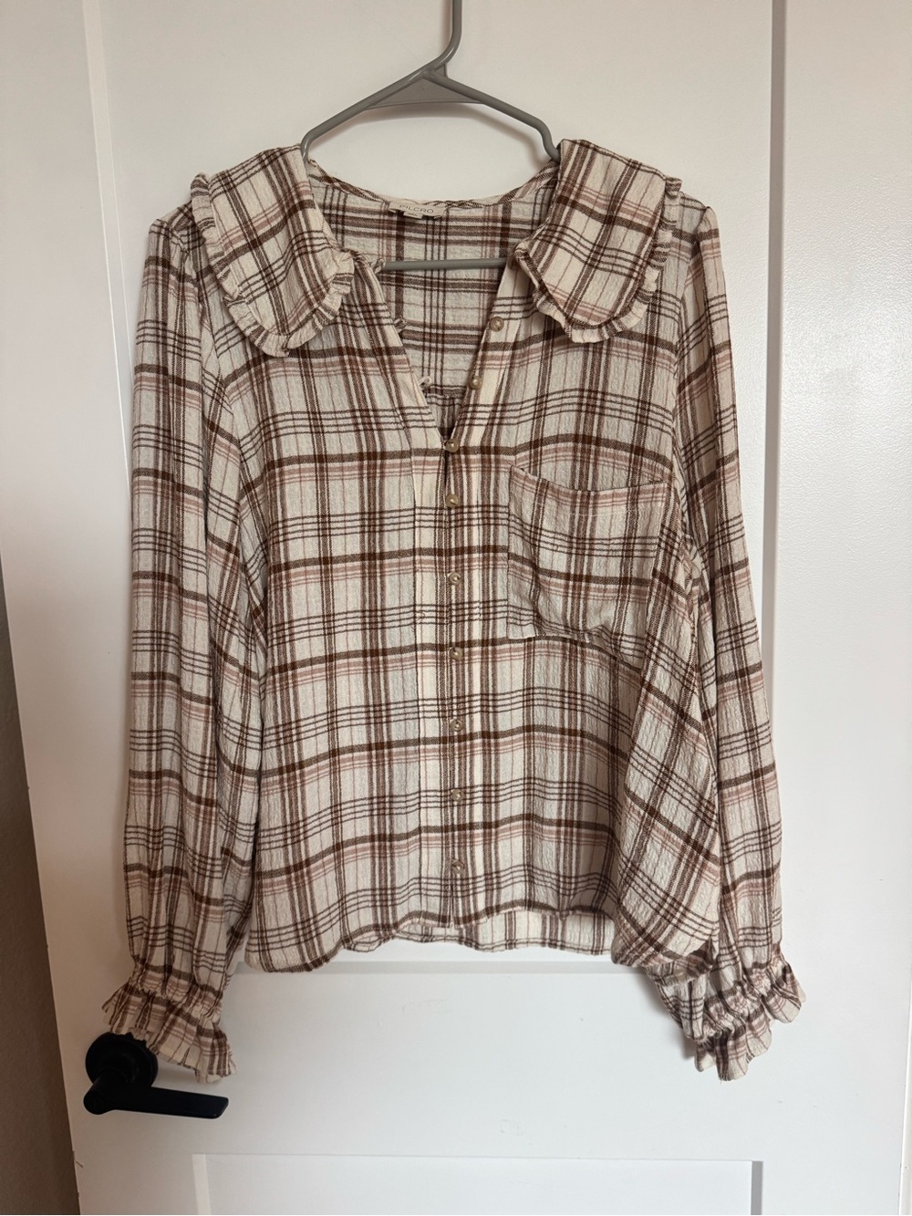Pilcro Cream and Brown Plaid Button-Up Top